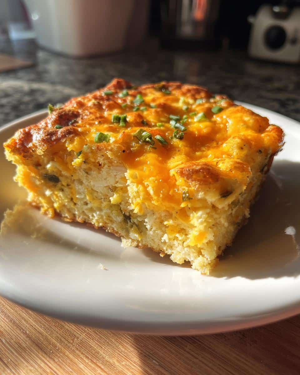 Devilish Cheesy Hatch Chile Cornbread: Bake at 375 8 A slice of Cheesy Hatch Chile Cornbread, topped with melted cheese and chives, on a white plate.