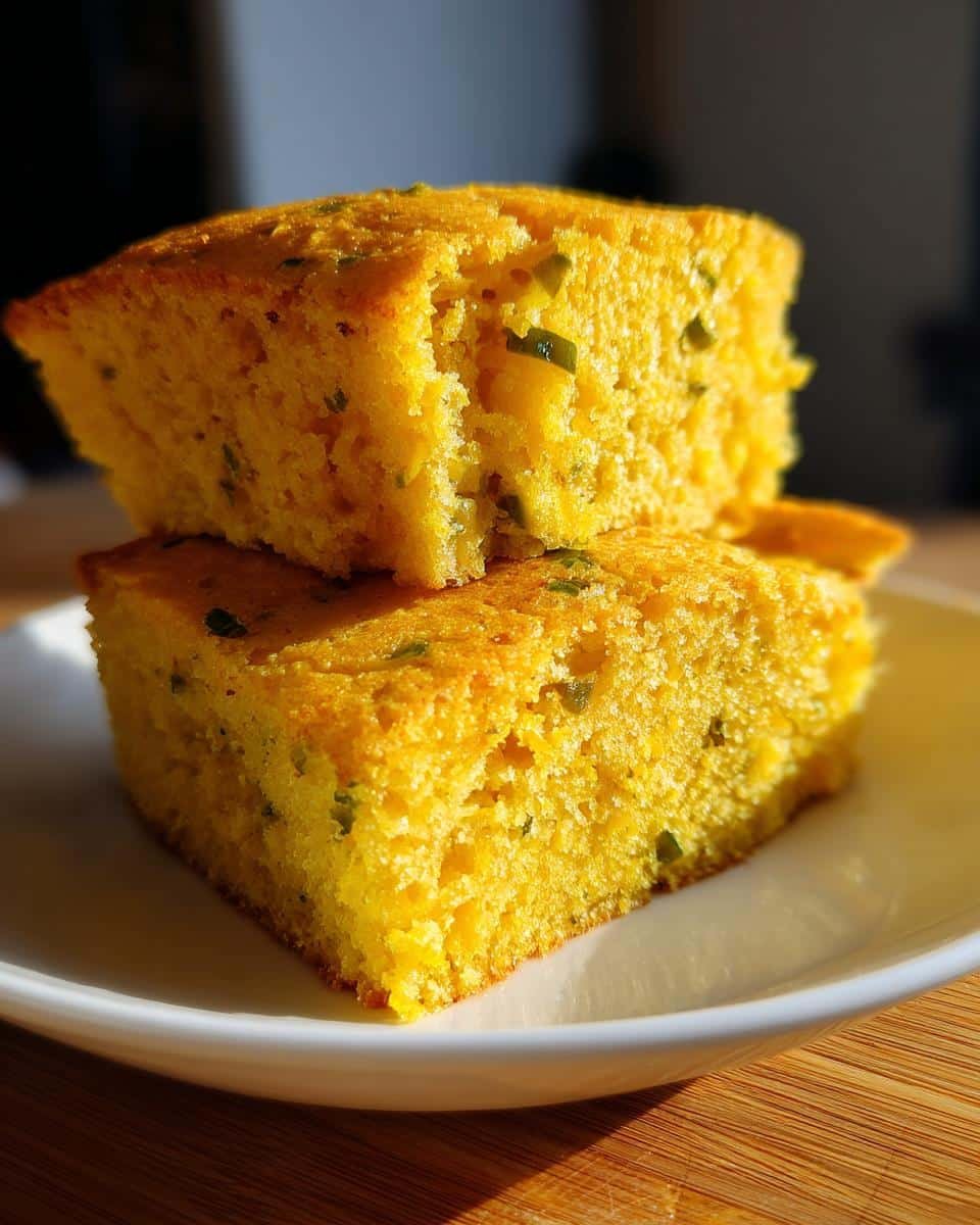 Devilish Cheesy Hatch Chile Cornbread: Bake at 375 7 Two stacked slices of Cheesy Hatch Chile Cornbread on a white plate, showcasing the texture and visible hatch chiles.