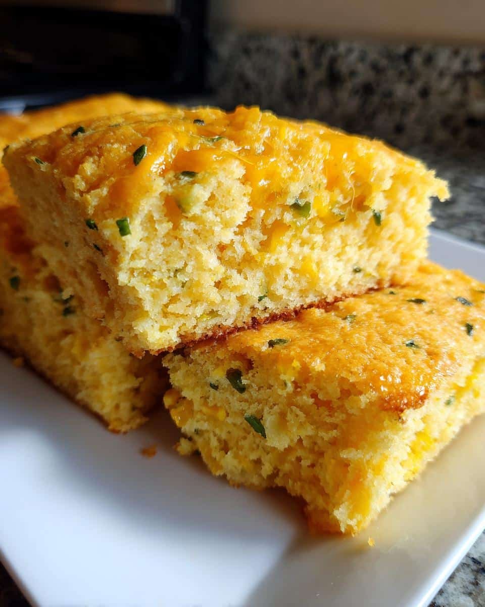 Devilish Cheesy Hatch Chile Cornbread: Bake at 375 9 Two pieces of Cheesy Hatch Chile Cornbread stacked on a white plate, showing the cheese and hatch chile.