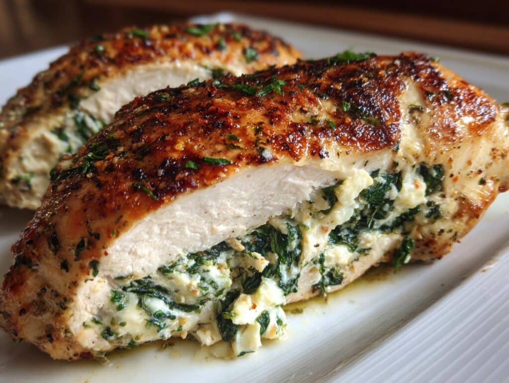 Close-up of Cheesy Spinach Stuffed Chicken breast cut in half, showing the creamy spinach filling.
