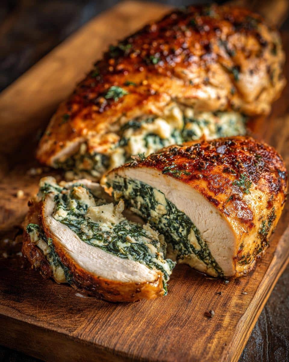 Savory Cheesy Spinach Stuffed Chicken: Ditch Unhappy 4 9 Close-up of sliced Cheesy Spinach Stuffed Chicken breast on a wooden board, showcasing the creamy spinach filling.