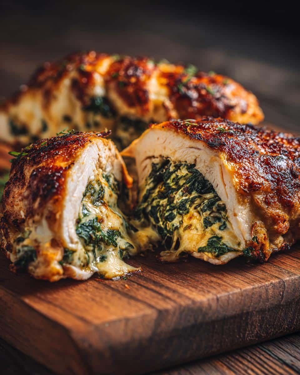 Savory Cheesy Spinach Stuffed Chicken: Ditch Unhappy 4 8 Close-up of Cheesy Spinach Stuffed Chicken breast cut open, showing spinach and cheese filling.