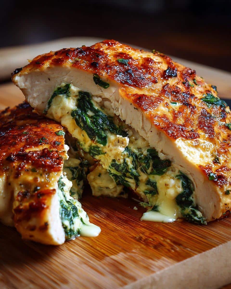 Savory Cheesy Spinach Stuffed Chicken: Ditch Unhappy 4 7 A juicy Cheesy Spinach Stuffed Chicken breast cut open, showing the cheesy spinach filling.