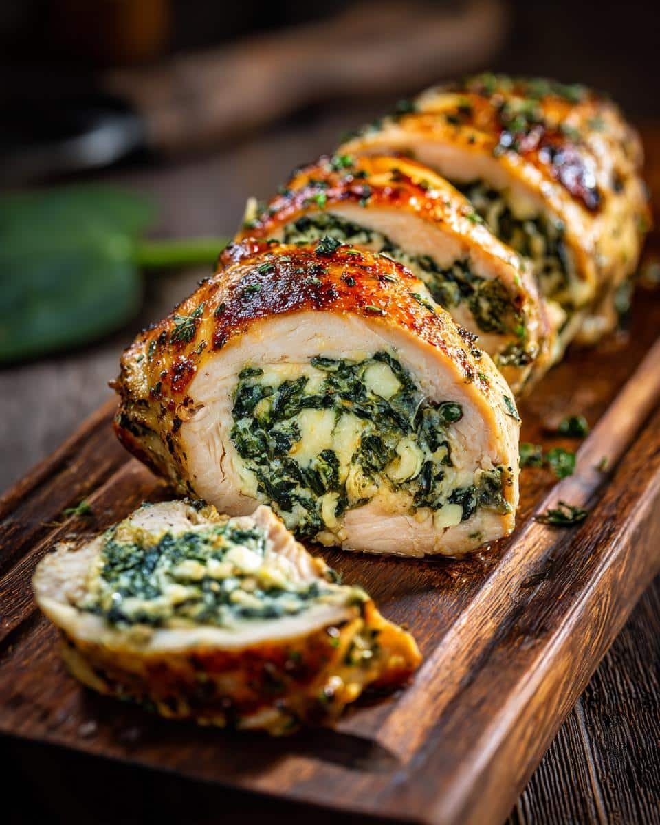 Savory Cheesy Spinach Stuffed Chicken: Ditch Unhappy 4 6 Close-up of sliced Cheesy Spinach Stuffed Chicken on a wooden board, showing the spinach and cheese filling.