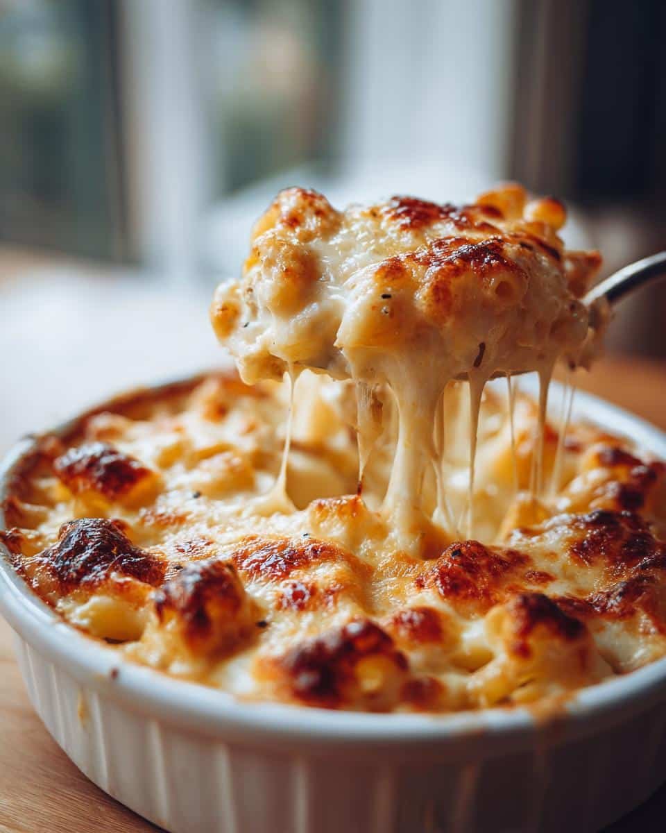Irresistible Chicken Alfredo Pasta Bake: 3 Steps to Heaven 9 Close-up of Chicken Alfredo Pasta Bake with melted cheese being lifted with a spoon.