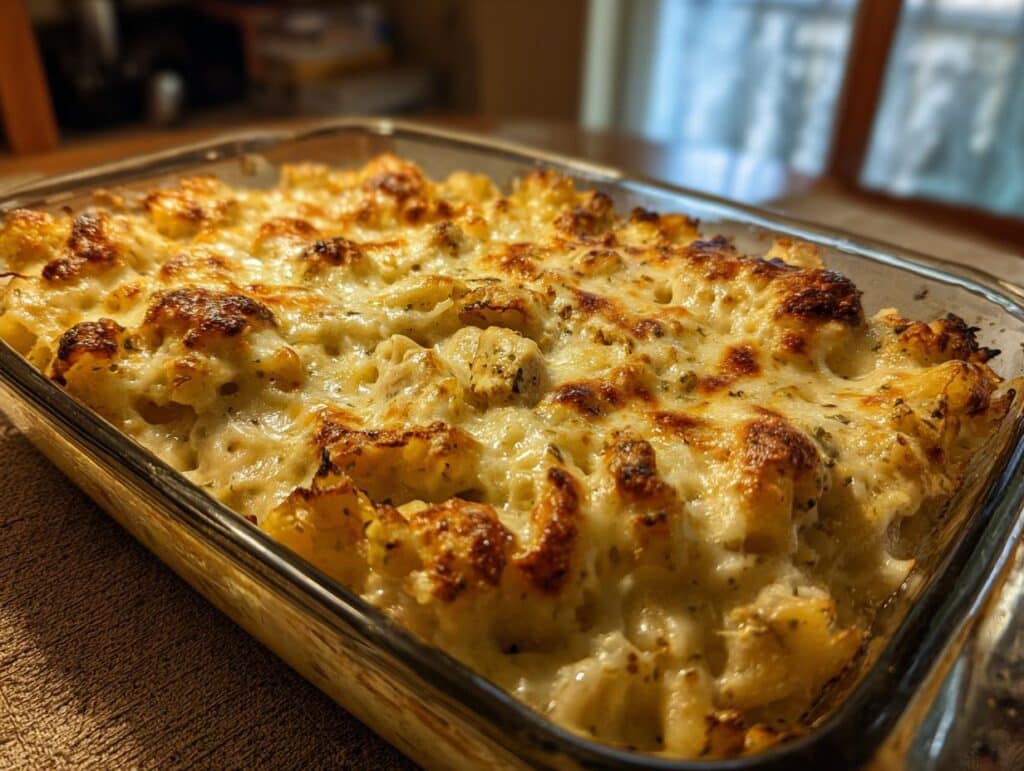 Close-up of a freshly baked Chicken Alfredo Pasta Bake in a glass dish, topped with melted cheese.