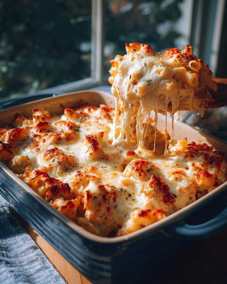 Irresistible Chicken Alfredo Pasta Bake: 3 Steps to Heaven 7 A spoonful of Chicken Alfredo Pasta Bake being lifted, showing the cheesy, creamy texture.