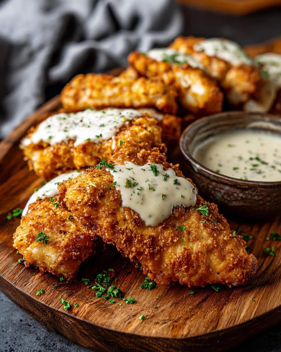 Irresistible Chicken Bites with 4-Ingredient Sauce 9 Crispy chicken bites drizzled with a creamy 4-ingredient sauce, garnished with parsley.