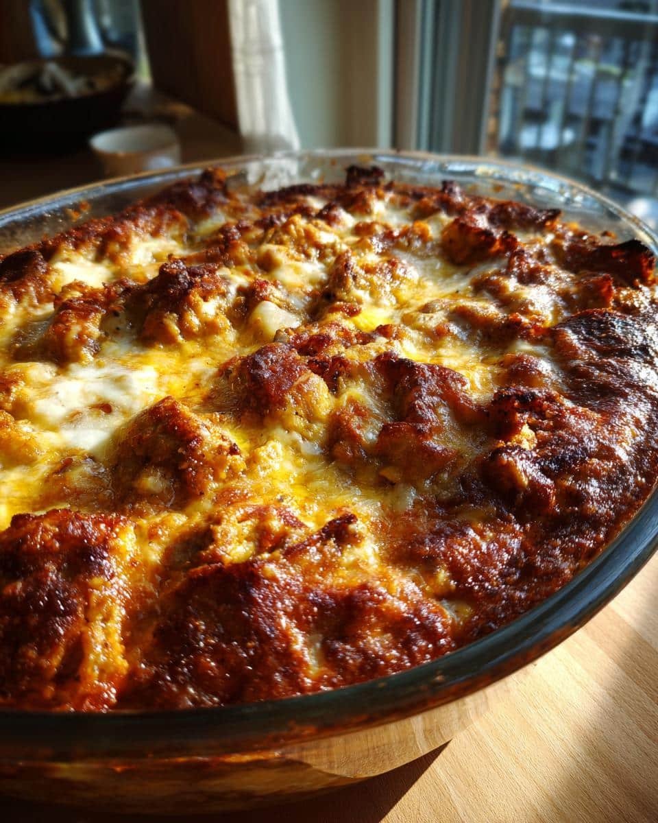 Chicken Enchiladas Bake: Ditch Takeout in 20 Minutes 9 Close-up of a freshly baked Chicken Enchiladas Bake in a glass dish, showing melted cheese and browned topping.