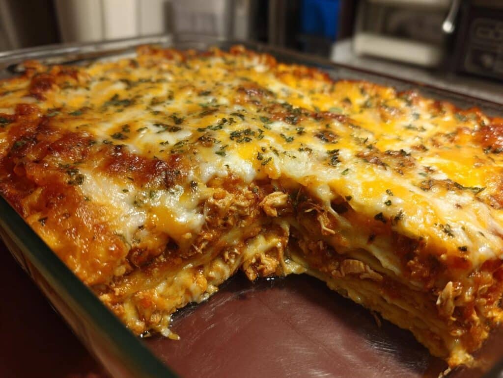 Close-up of a cheesy Chicken Enchiladas Bake in a glass baking dish, showing layers of tortillas, chicken, and sauce.