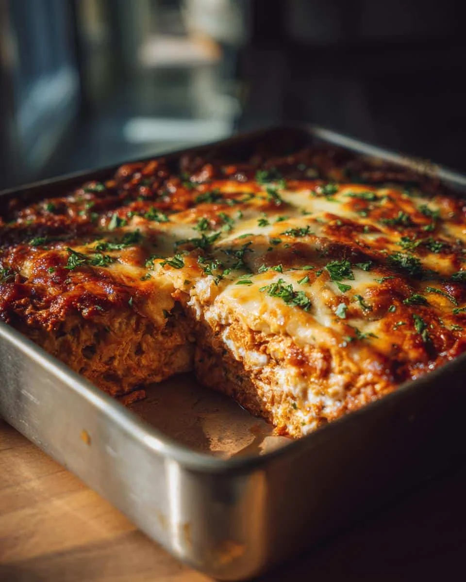 Chicken Enchiladas Bake: Ditch Takeout in 20 Minutes 8 Close-up of a freshly baked Chicken Enchiladas Bake in a metal pan, garnished with parsley.