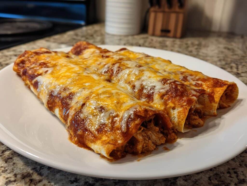 Three cheesy Chicken Enchiladas on a white plate, ready to be served.