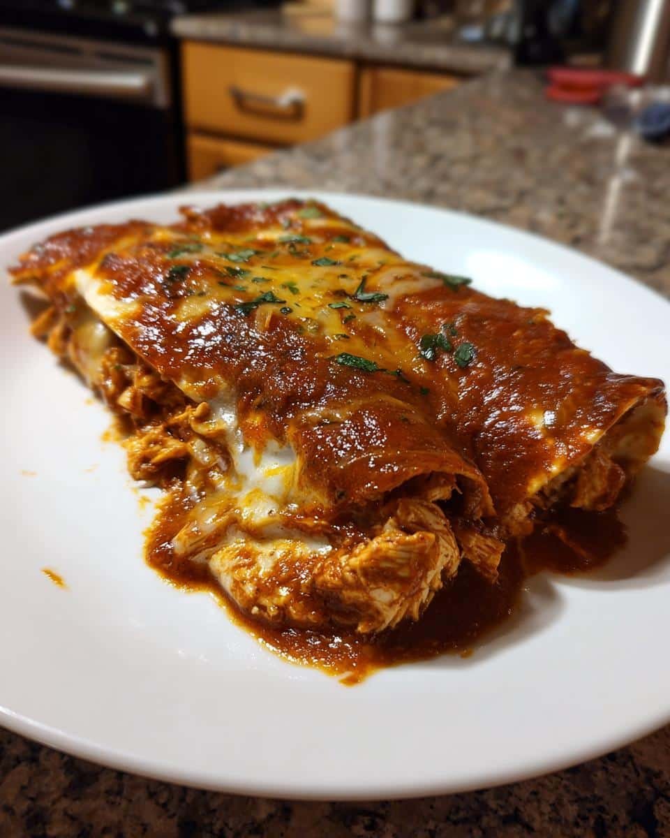 Irresistible Chicken Enchiladas in Under 60 Minutes 6 Two Chicken Enchiladas covered in red sauce and melted cheese, garnished with herbs, on a white plate.