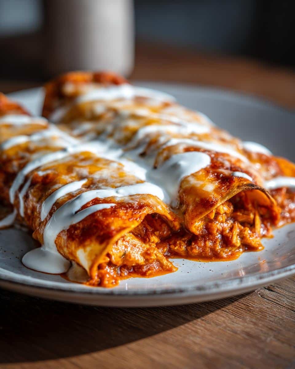 Irresistible Chicken Enchiladas with Sour Cream Sauce 6 Delicious Chicken Enchiladas with Sour Cream Sauce, topped with cheese, served on a plate.