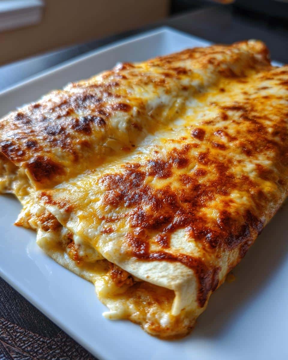 Irresistible Chicken Enchiladas with Sour Cream Sauce 7 Two Chicken Enchiladas with Sour Cream Sauce on a white plate, showcasing the melted cheese topping.