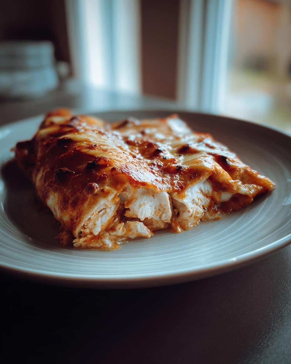 Irresistible Chicken Enchiladas with Sour Cream Sauce 8 Two Chicken Enchiladas with Sour Cream Sauce on a plate, showcasing the chicken filling.