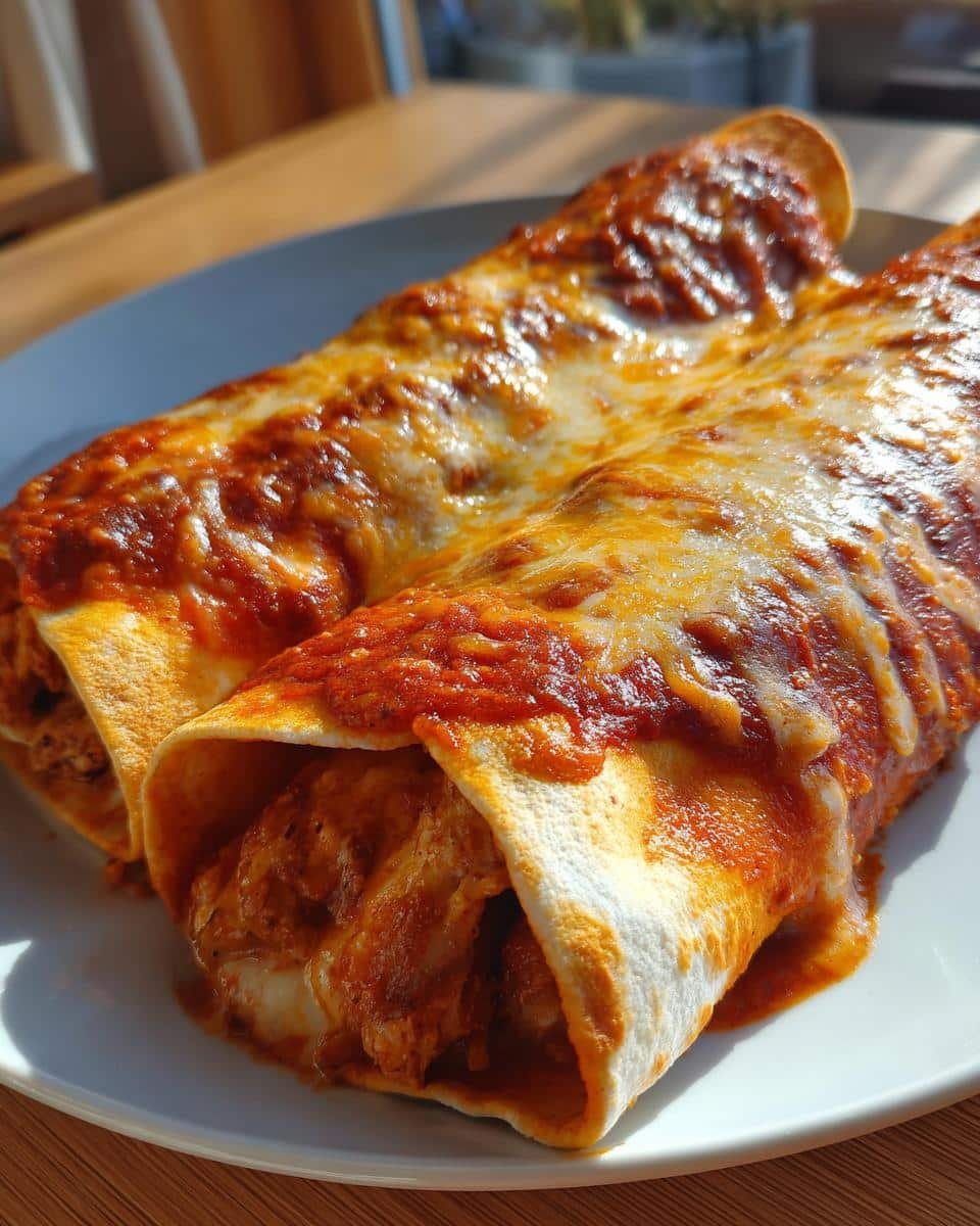 Irresistible Chicken Enchiladas with Sour Cream Sauce 9 Two Chicken Enchiladas with Sour Cream Sauce, topped with melted cheese and red sauce on a white plate.