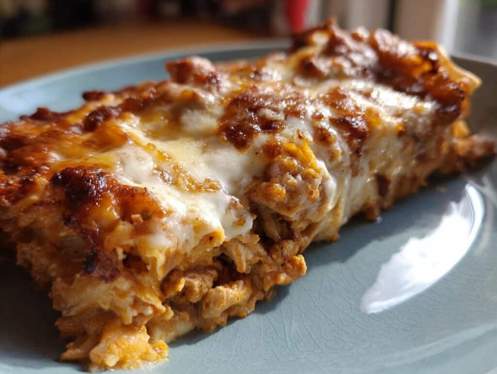 A delicious slice of Chicken Enchiladas with Sour Cream Sauce, showcasing layers of chicken and melted cheese.