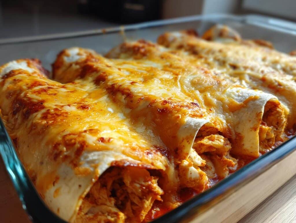 Close-up of cheesy Chicken Enchiladas with Sour Cream White Sauce in a baking dish.