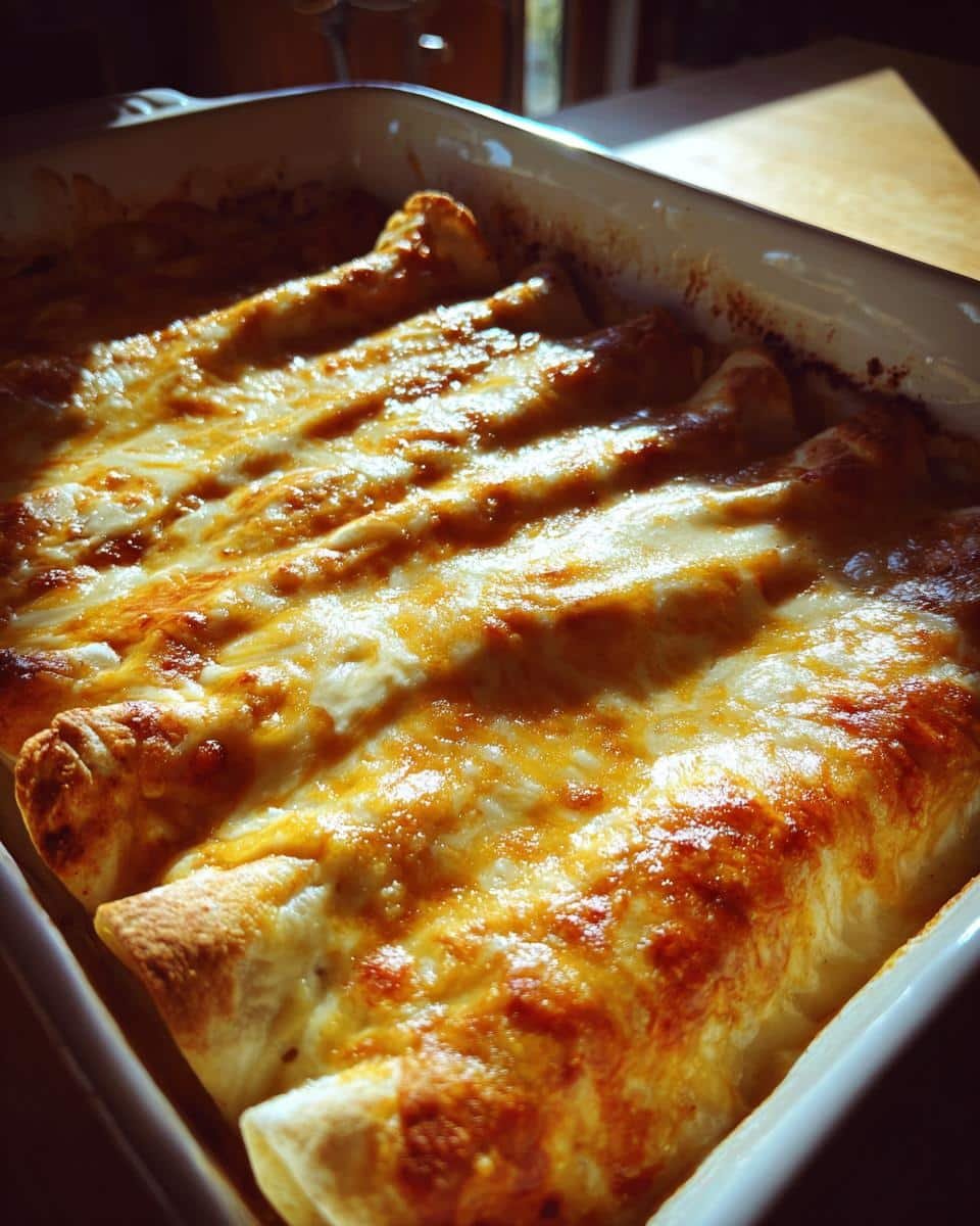 Disgustingly Delicious Chicken Enchiladas Recipe 6 Close-up of baked Chicken Enchiladas with Sour Cream White Sauce in a white baking dish, golden brown and bubbly.