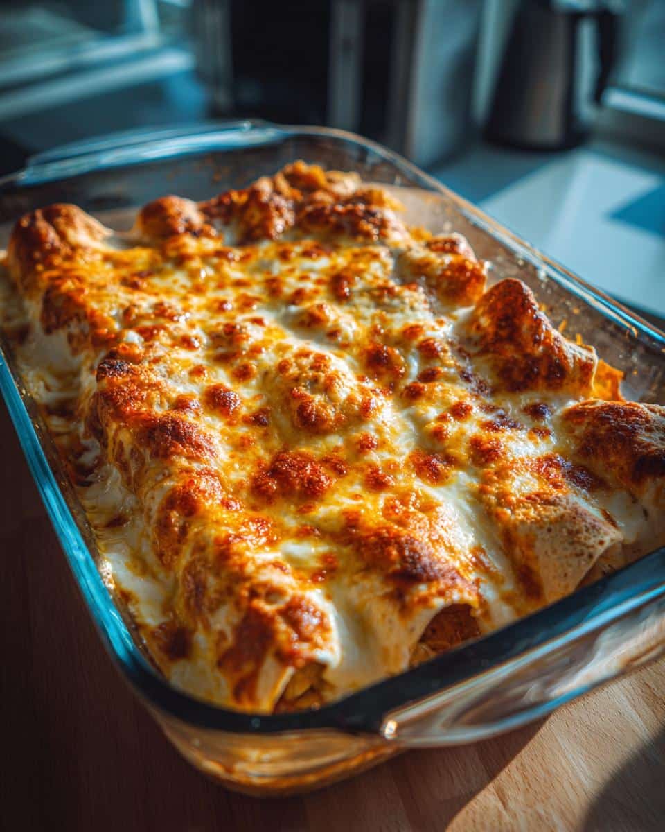 Disgustingly Delicious Chicken Enchiladas Recipe 8 A glass baking dish filled with Chicken Enchiladas with Sour Cream White Sauce, topped with melted cheese.