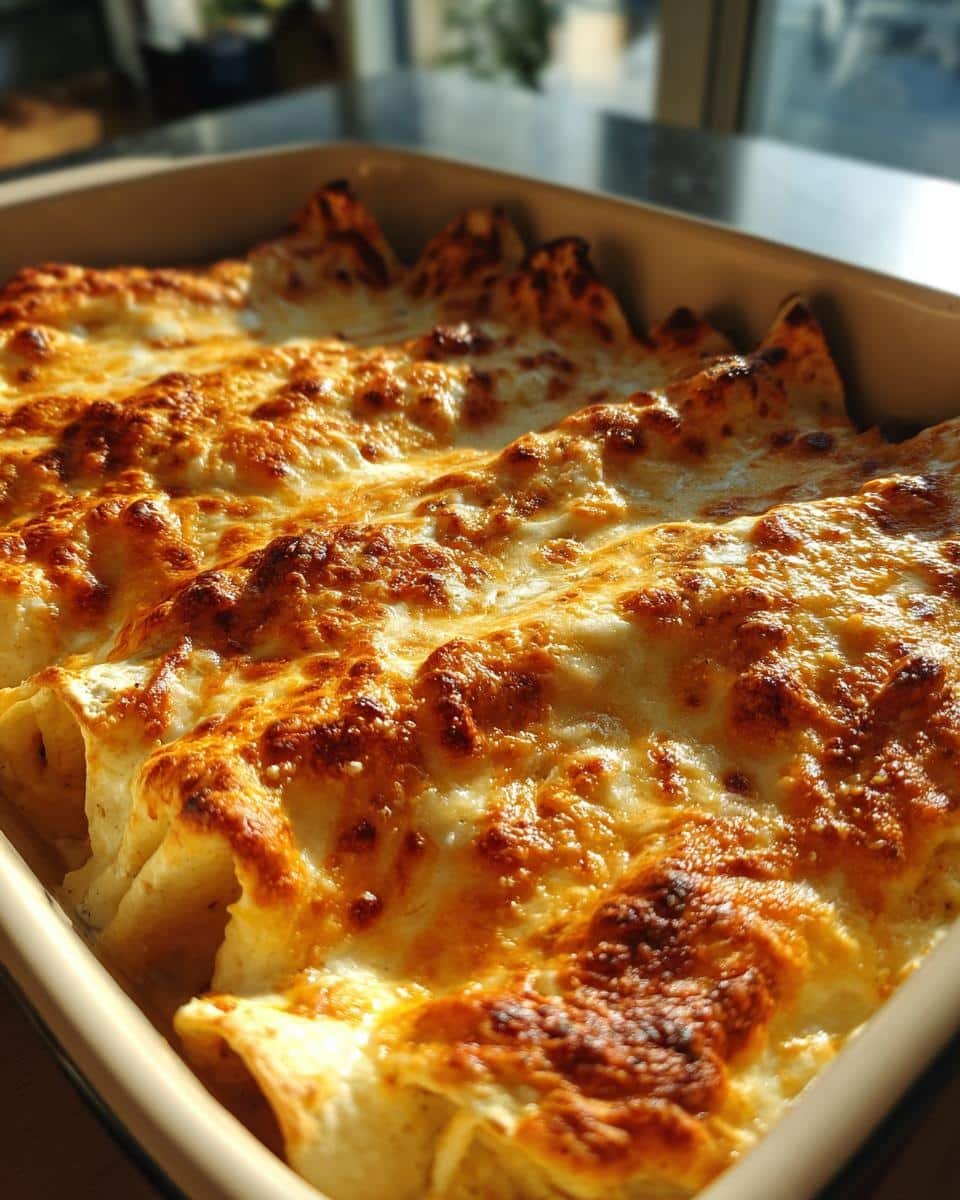 Disgustingly Delicious Chicken Enchiladas Recipe 9 Close-up of baked Chicken Enchiladas with Sour Cream White Sauce in a casserole dish, golden brown and bubbly.