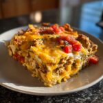 A slice of Easy Chicken Fajita Casserole Recipe, topped with melted cheese, salsa and herbs.