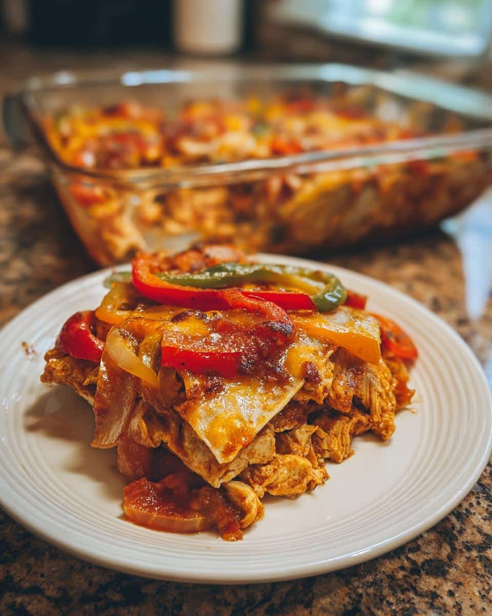Easy Chicken Fajita Casserole Recipe: A Delicious Disaster 9 A slice of Chicken Fajita Casserole with peppers and onions on a white plate.