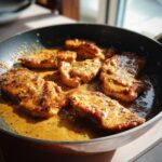 Pan of Chicken Fillet Creamy Garlic Parmesan Saucebites, golden brown and glistening.