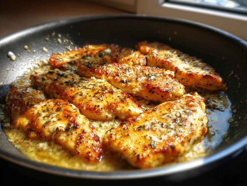 Close-up of pan-fried Chicken Fillet Creamy Garlic Parmesan Saucebites, glistening with sauce and herbs.