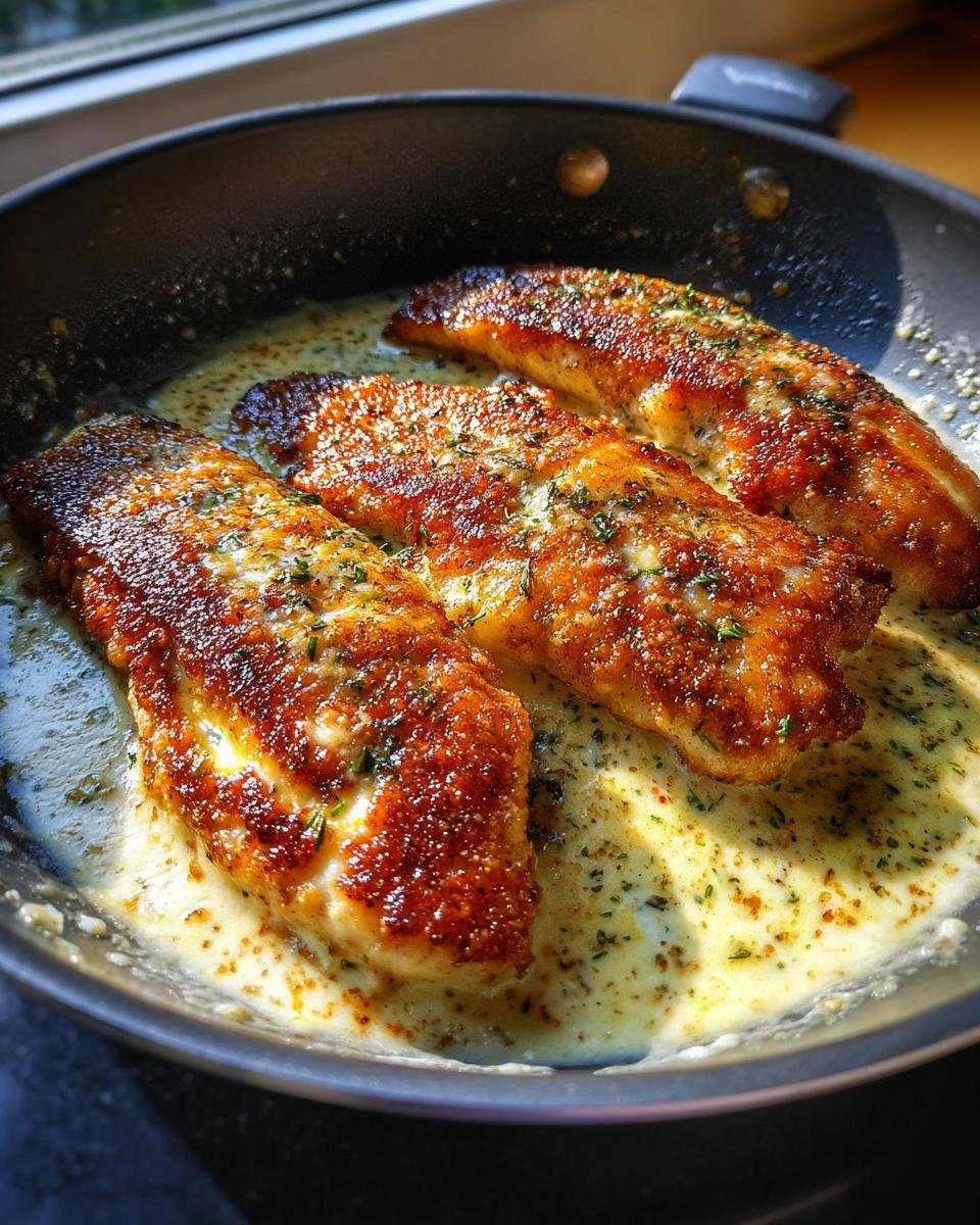 Devour 4-Ingredient Chicken Fillet Creamy Garlic Bites 8 Three chicken fillet creamy garlic parmesan saucebites in a skillet, garnished with herbs.