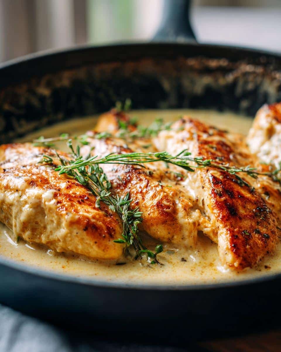 Devour 4-Ingredient Chicken Fillet Creamy Garlic Bites 9 Delicious Chicken Fillet Creamy Garlic Parmesan Saucebites in a skillet, garnished with fresh herbs.