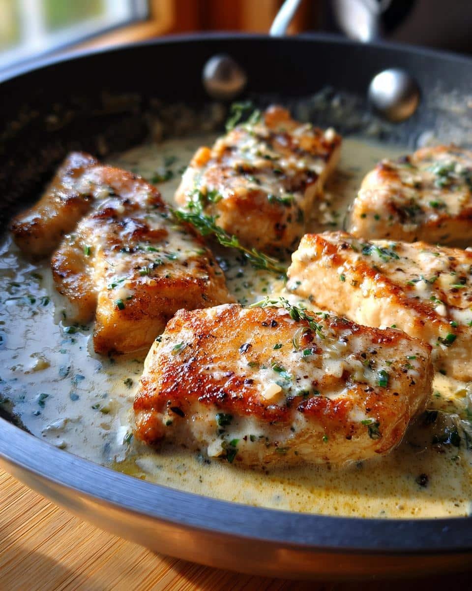 Devour 4-Ingredient Chicken Fillet Creamy Garlic Bites 7 Pan of Chicken Fillet Creamy Garlic Parmesan Saucebites, garnished with fresh herbs.