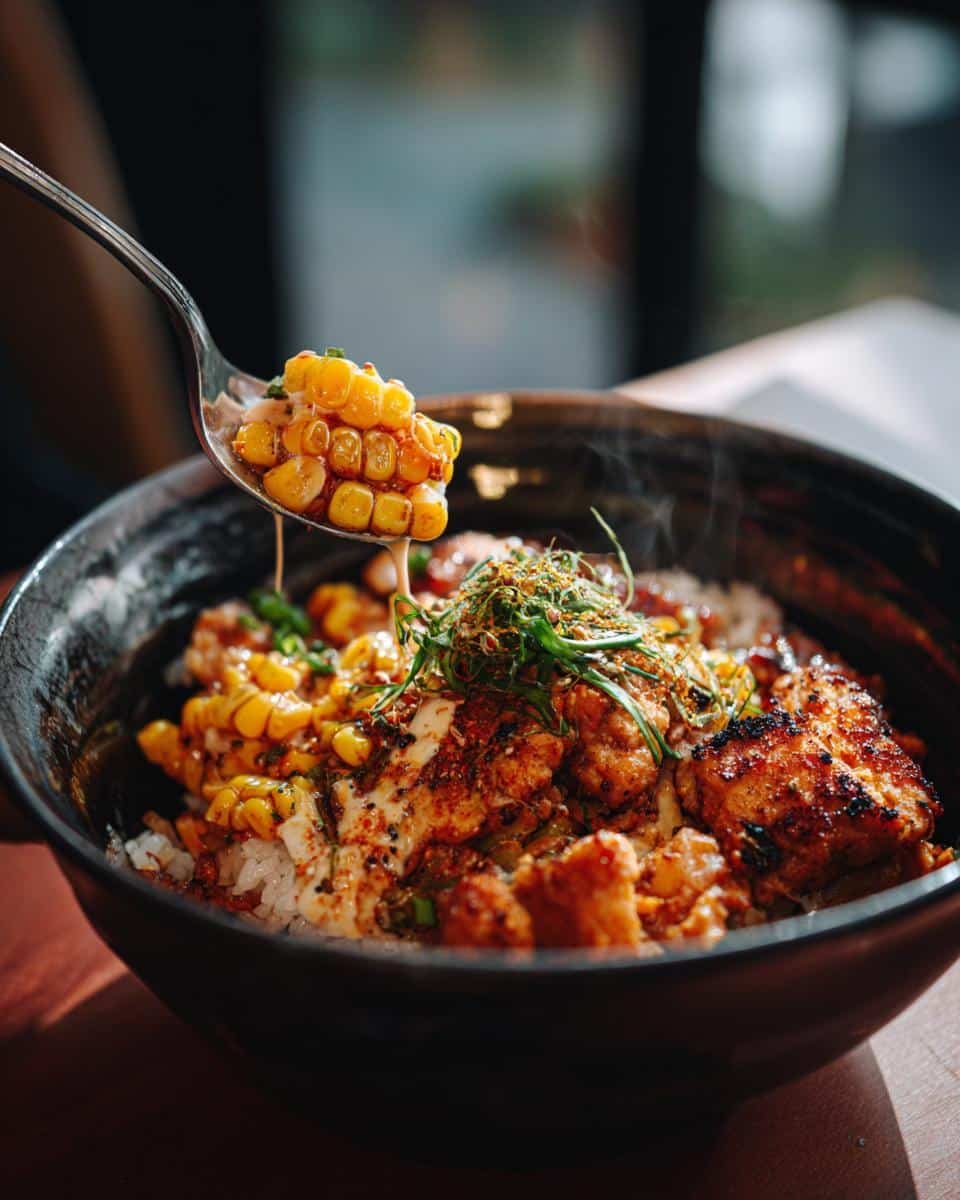 Devastatingly Delicious 30-Minute Chicken Rice Bowl 8 Close-up of a chicken rice bowl with corn being scooped up by a spoon. Festive Christmas Apricot and Walnut Fruitcake Recipe
