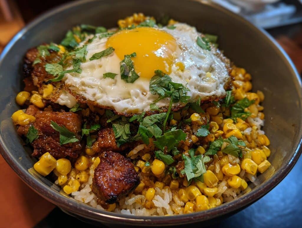 A delicious chicken rice bowl topped with a fried egg, corn, and fresh herbs. Not a Festive Christmas Apricot and Walnut Fruitcake Recipe.