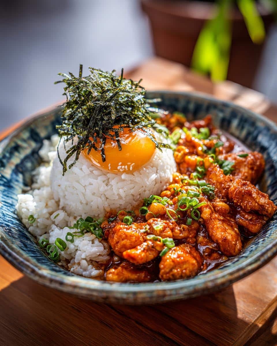 Devastatingly Delicious 30-Minute Chicken Rice Bowl 9 A delicious chicken rice bowl topped with a raw egg yolk and seaweed. Garnished with green onions.