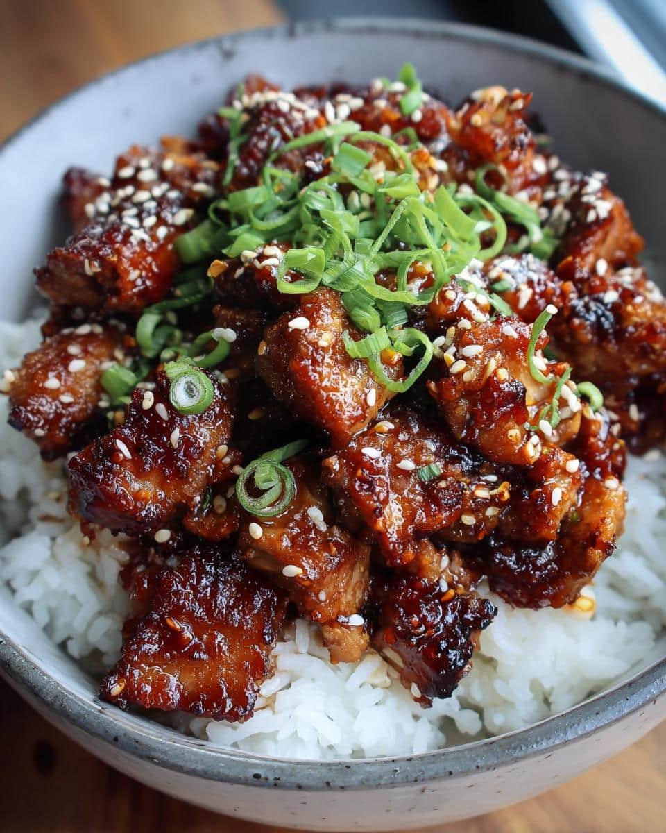 Devastatingly Delicious 30-Minute Chicken Rice Bowl 7 Close-up of a chicken rice bowl topped with sesame seeds and scallions. Festive Christmas Apricot and Walnut Fruitcake Recipe