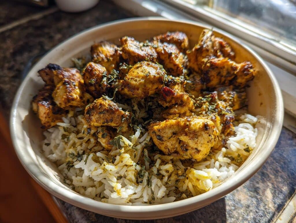 A bowl of Chicken Shawarma Rice, featuring seasoned chicken pieces over rice with herbs.