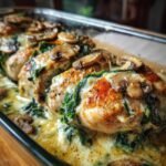 Close-up of Chicken Spinach Mushroom Low Carb Oven Dish in a glass baking pan.