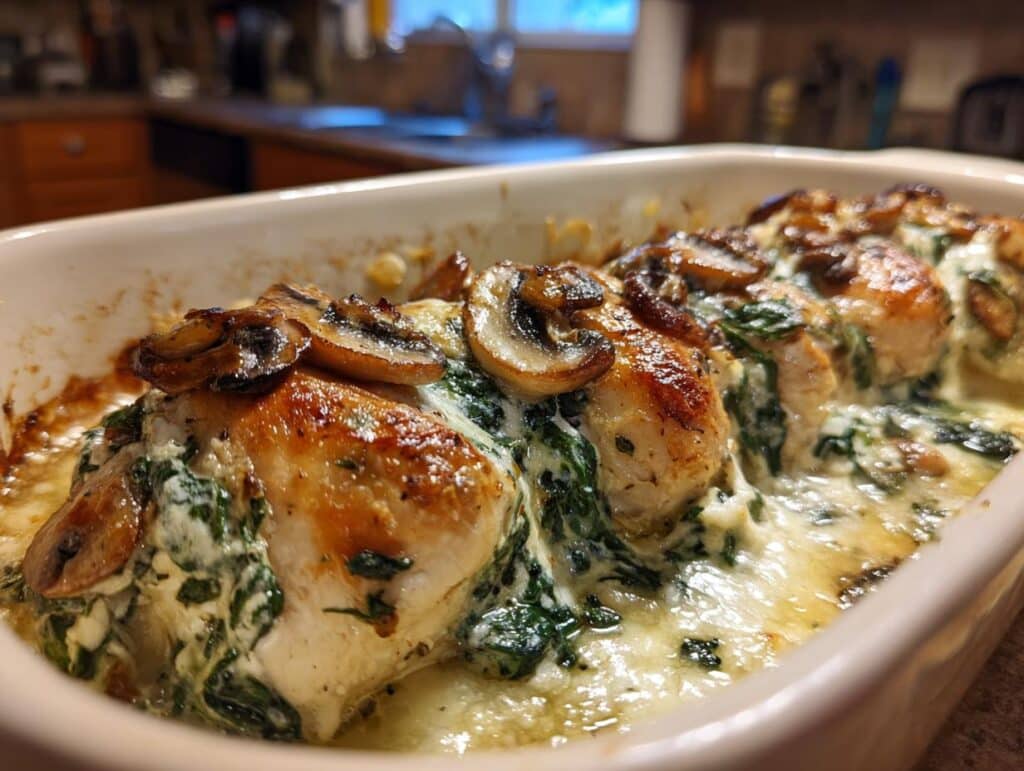 Close-up of Chicken Spinach Mushroom Low Carb Oven Dish in a baking pan, topped with melted cheese and mushrooms.
