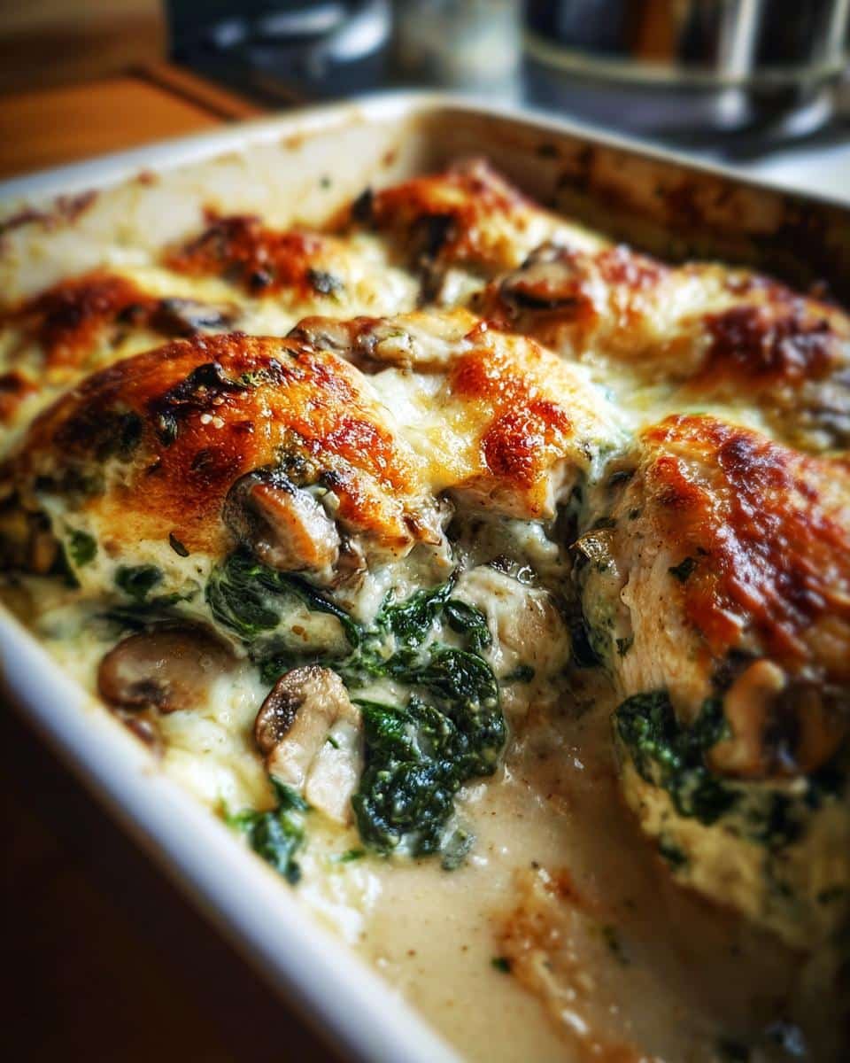 Delicious Chicken Spinach Mushroom Low Carb Oven Dish 6 Close-up of Chicken Spinach Mushroom Low Carb Oven Dish in a baking pan, featuring golden-brown chicken and creamy sauce.
