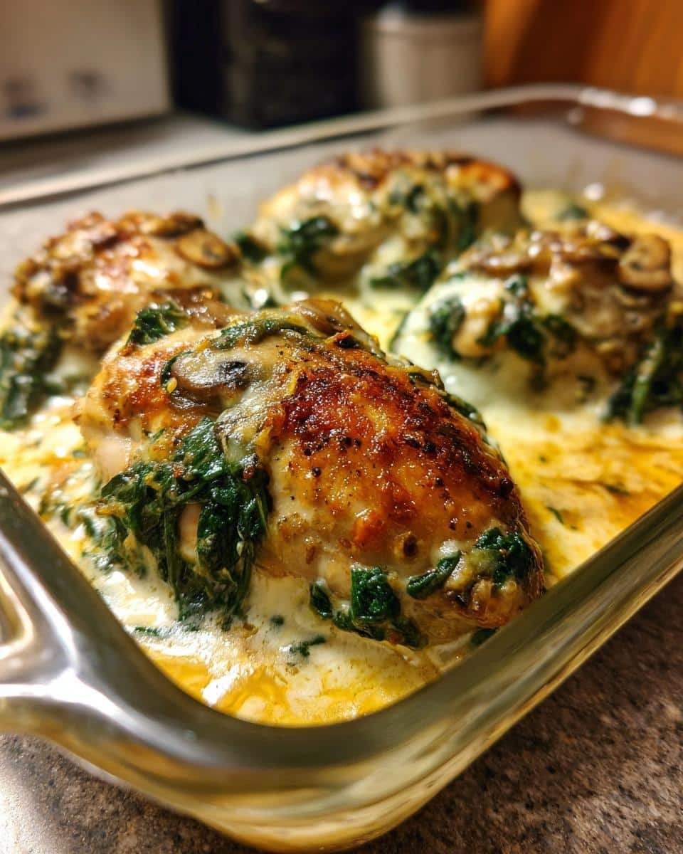 Delicious Chicken Spinach Mushroom Low Carb Oven Dish 7 Baked Chicken Spinach Mushroom Low Carb Oven Dish in a glass baking pan, ready to serve.