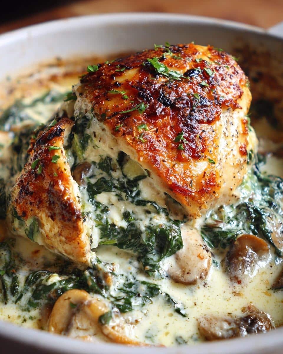 Delicious Chicken Spinach Mushroom Low Carb Oven Dish 8 A delicious Chicken Spinach Mushroom Low Carb Oven Dish, baked to perfection and garnished with parsley.