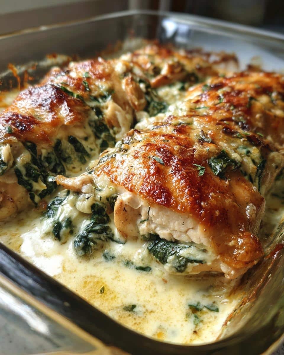 Delicious Chicken Spinach Mushroom Low Carb Oven Dish 9 Close-up of Chicken Spinach Mushroom Low Carb Oven Dish in a glass baking pan, showcasing the creamy sauce and golden-brown chicken.