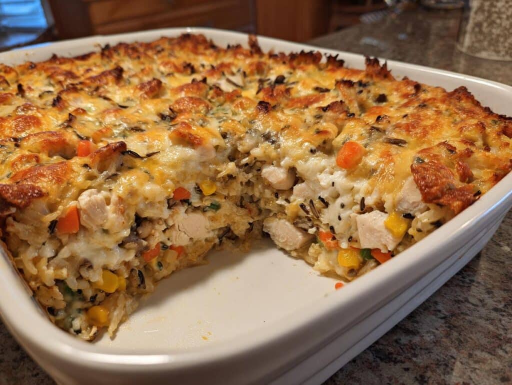 Baked Chicken Wild Rice Casserole Recipe in a white dish, showing chicken, rice, and vegetable layers.