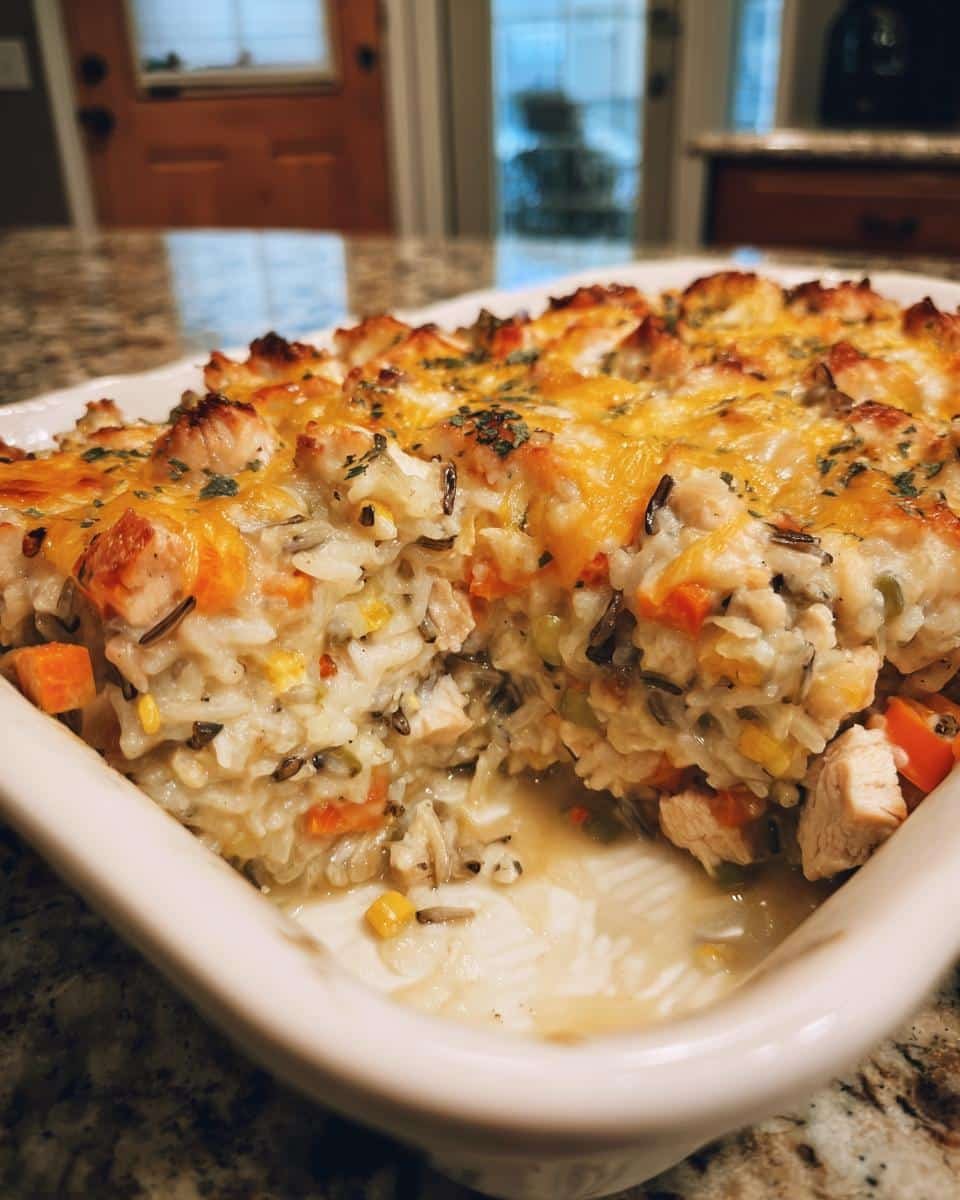 Disgustingly Easy Chicken Wild Rice Casserole Recipe 8 Close-up of Chicken Wild Rice Casserole in a white baking dish, showing chicken, rice, vegetables, and a cheesy topping.