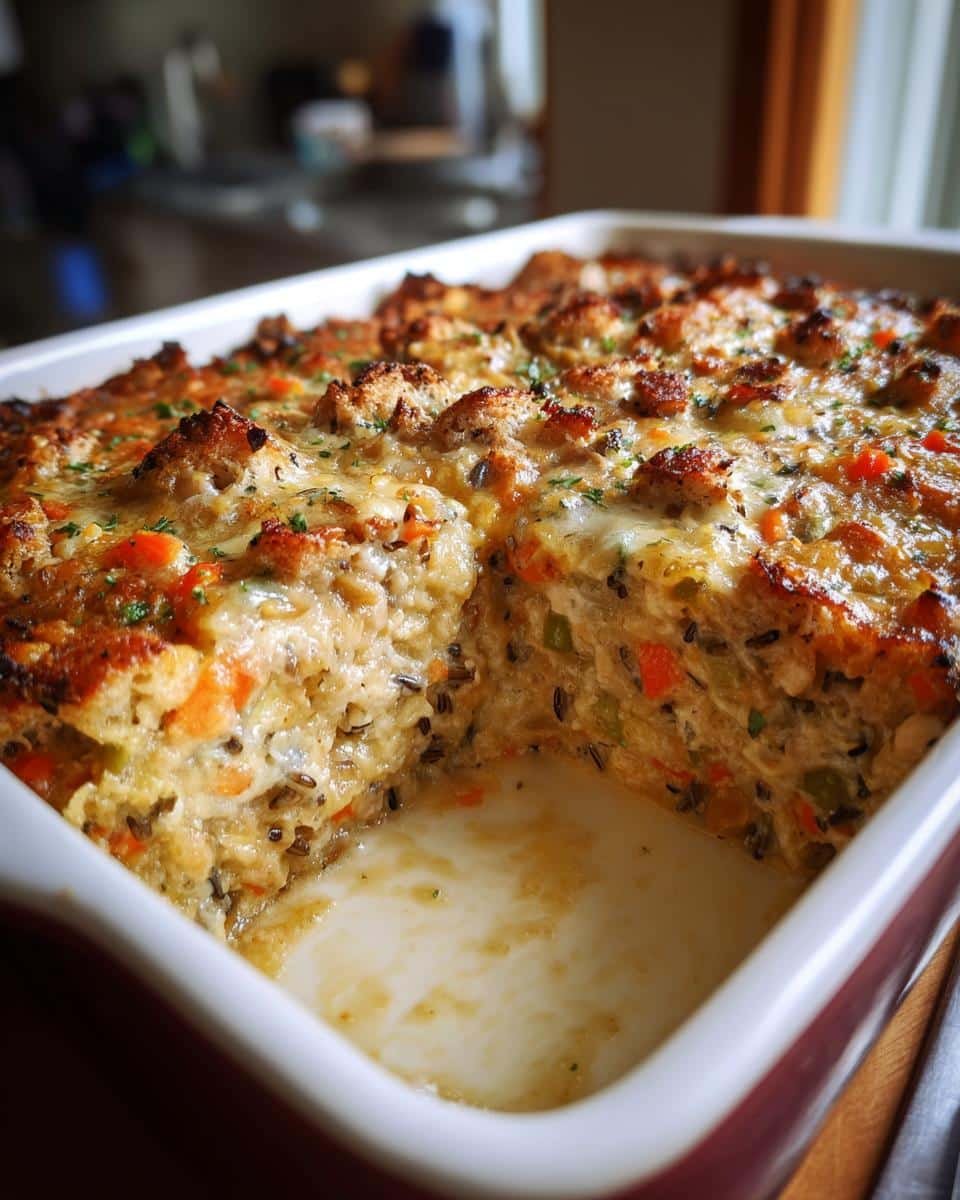 Disgustingly Easy Chicken Wild Rice Casserole Recipe 7 Freshly baked Chicken Wild Rice Casserole in a red baking dish, showing the creamy interior and golden-brown topping.