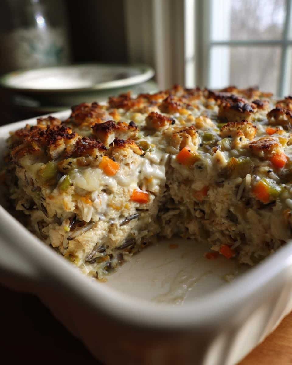 Disgustingly Easy Chicken Wild Rice Casserole Recipe 9 Close-up of Chicken Wild Rice Casserole in a baking dish with a portion removed, showing the creamy texture and ingredients.