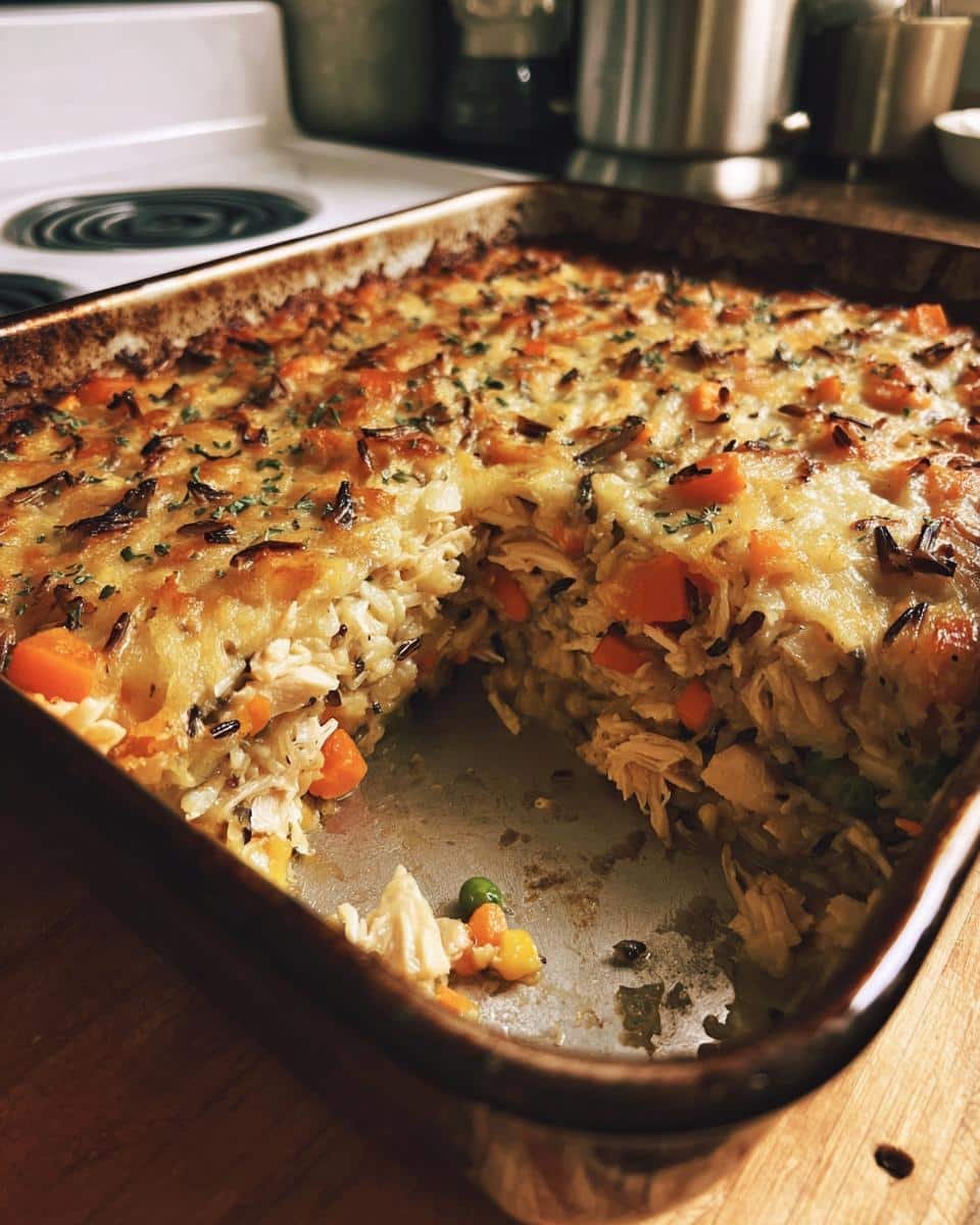 Disgustingly Easy Chicken Wild Rice Casserole Recipe 6 Baked Chicken Wild Rice Casserole Recipe in a dish, showing layers of chicken, rice, and vegetables.