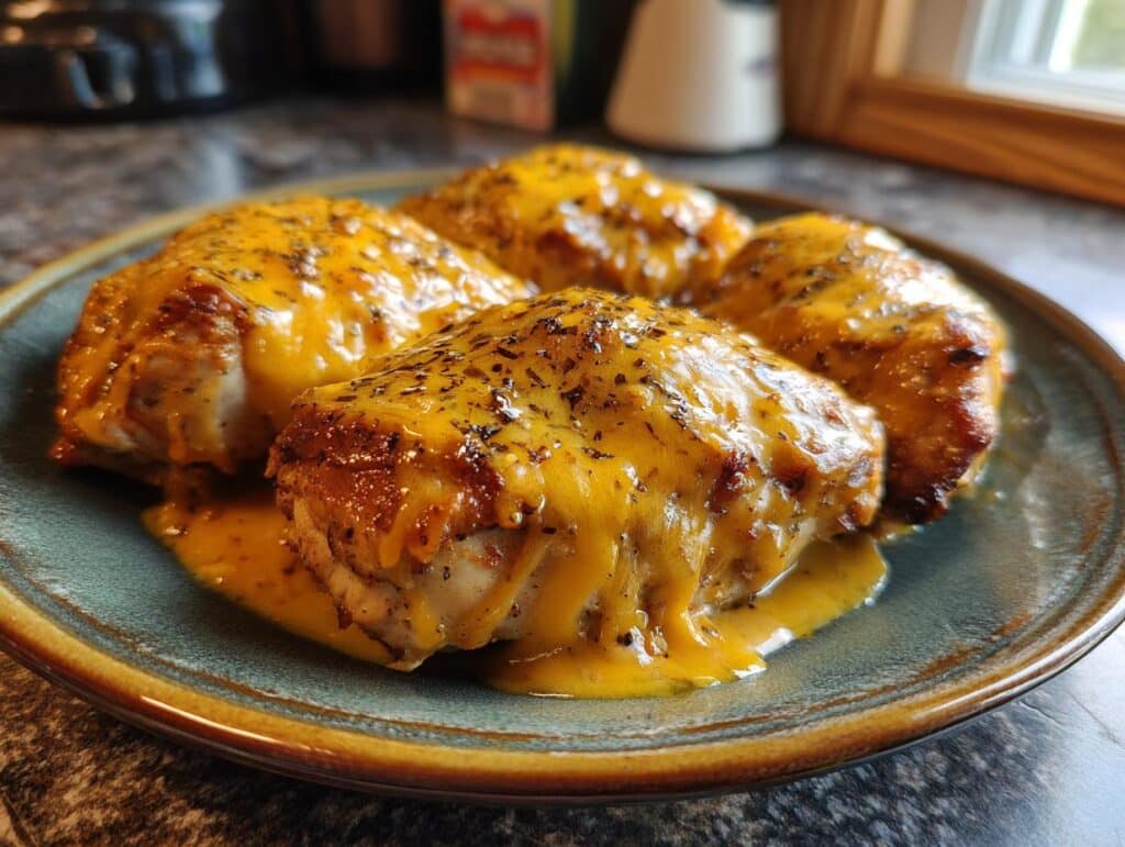 Four pieces of chicken covered in melted cheese and herbs on a plate.